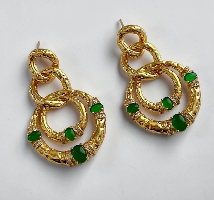 Gold & Green Gem Statement Earrings – Elegant Textured Hoop Dangle Earrings - Fatisha Boutique #