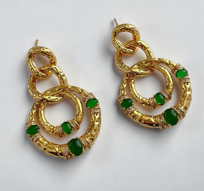 Gold & Green Gem Statement Earrings – Elegant Textured Hoop Dangle Earrings - Fatisha Boutique #