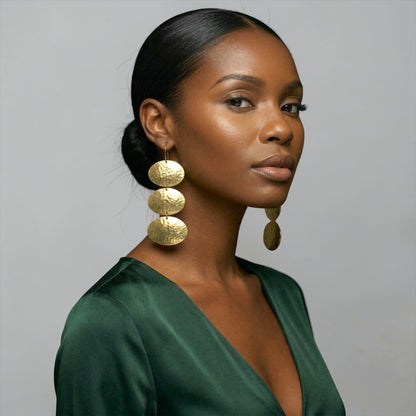 Triple Oval Brass Drop Earrings – Handmade Hammered Statement Jewellery - Fatisha Boutique #