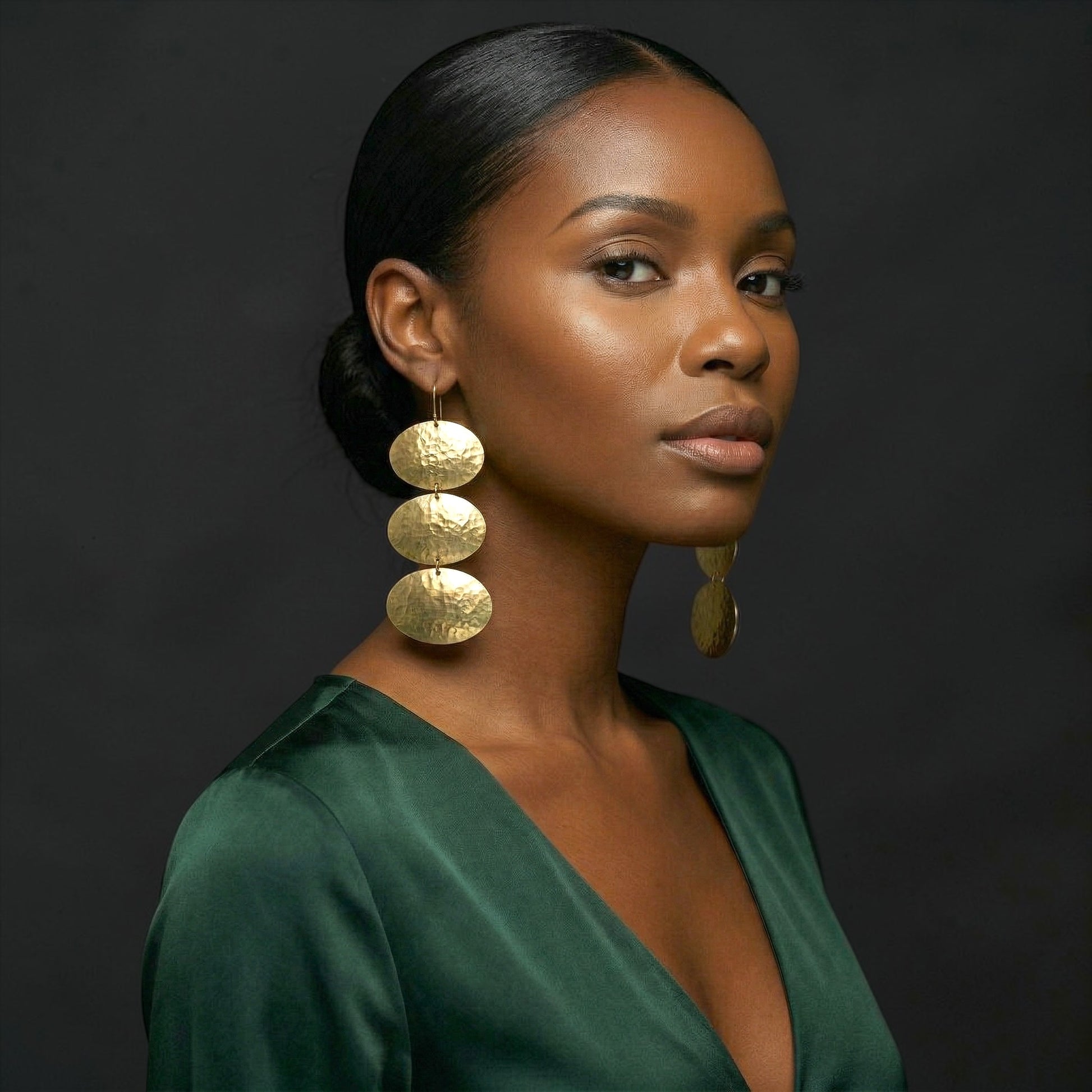 Triple Oval Brass Drop Earrings – Handmade Hammered Statement Jewellery - Fatisha Boutique #