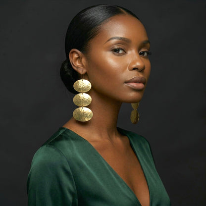 Triple Oval Brass Drop Earrings – Handmade Hammered Statement Jewellery - Fatisha Boutique #