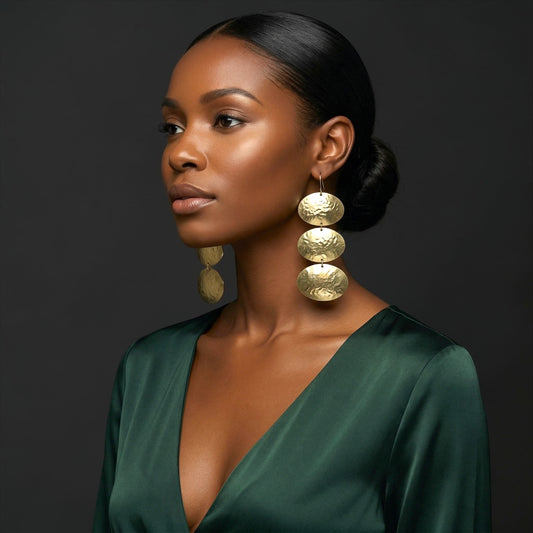 Triple Oval Brass Drop Earrings – Handmade Hammered Statement Jewellery - Fatisha Boutique #