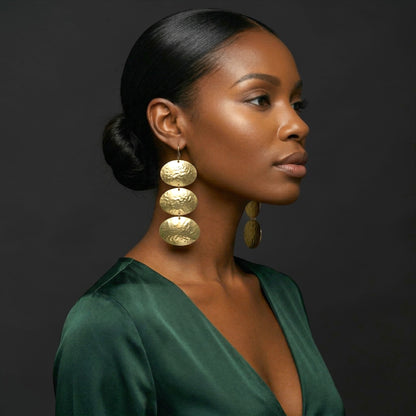 Triple Oval Brass Drop Earrings – Handmade Hammered Statement Jewellery - Fatisha Boutique #