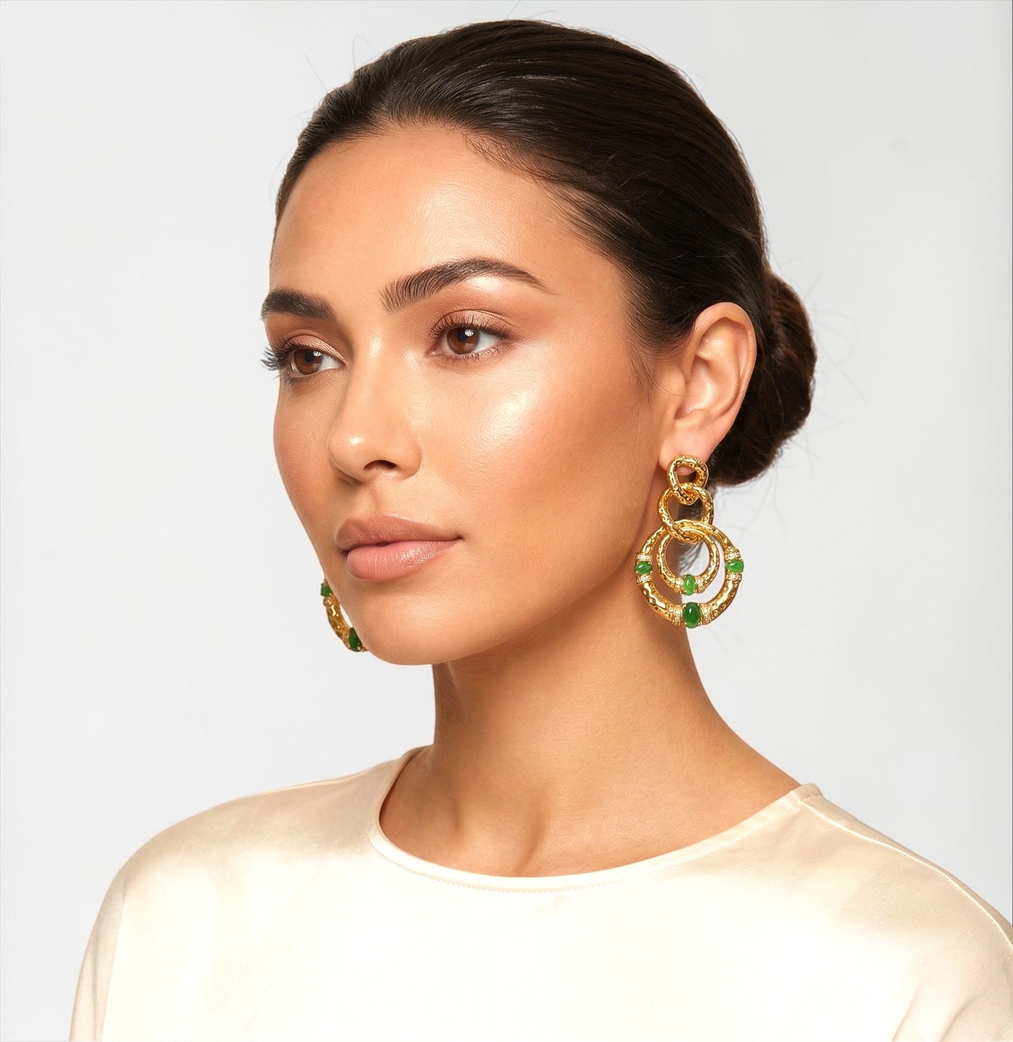 Gold & Green Gem Statement Earrings – Elegant Textured Hoop Dangle Earrings - Fatisha Boutique #