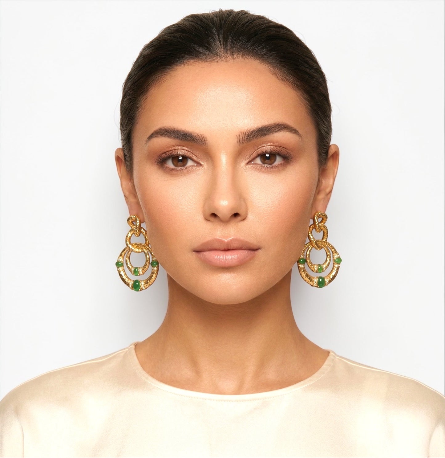 Gold & Green Gem Statement Earrings – Elegant Textured Hoop Dangle Earrings - Fatisha Boutique #