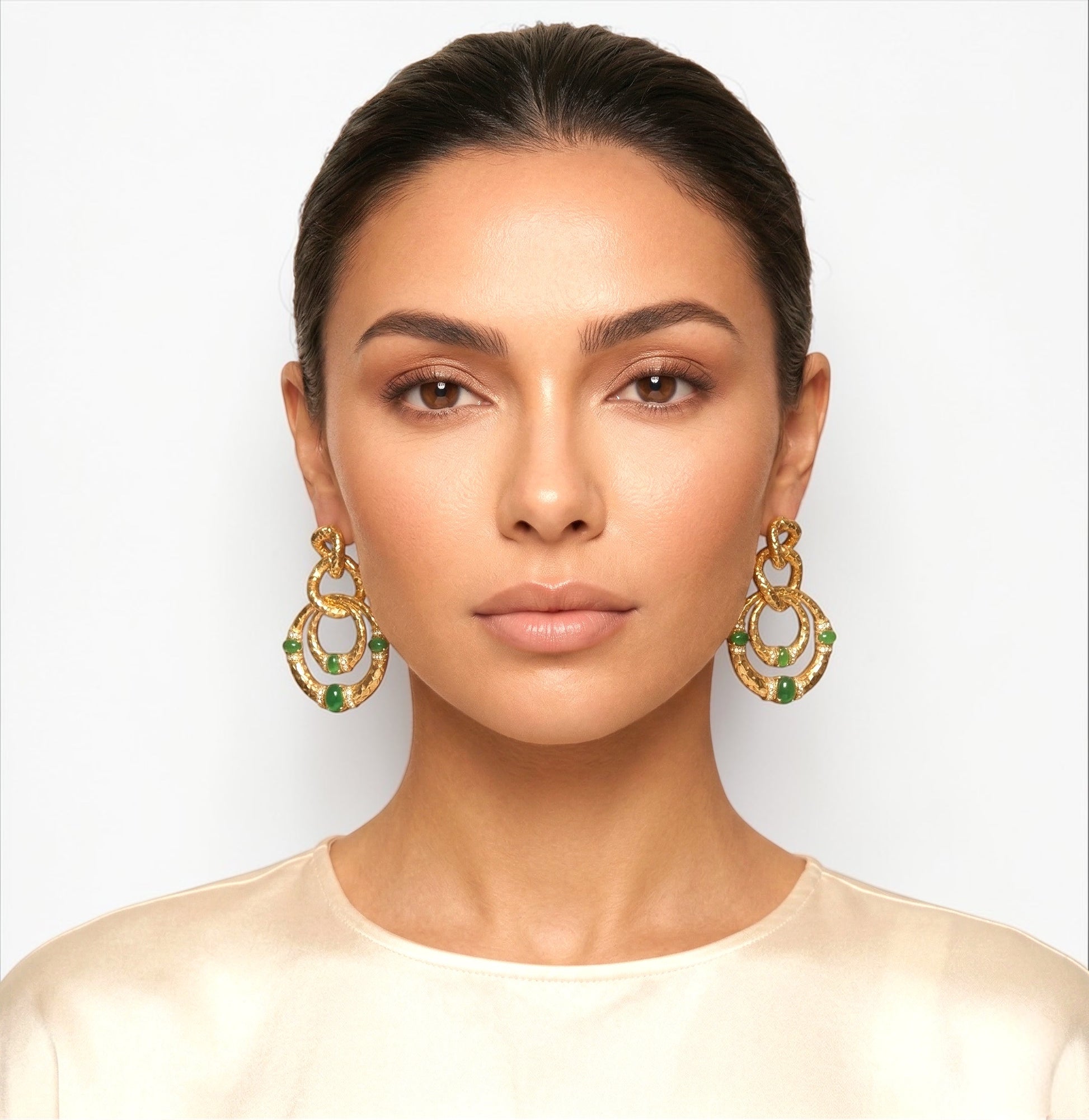 Gold & Green Gem Statement Earrings – Elegant Textured Hoop Dangle Earrings - Fatisha Boutique #