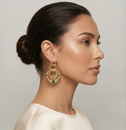 Gold & Green Gem Statement Earrings – Elegant Textured Hoop Dangle Earrings - Fatisha Boutique #