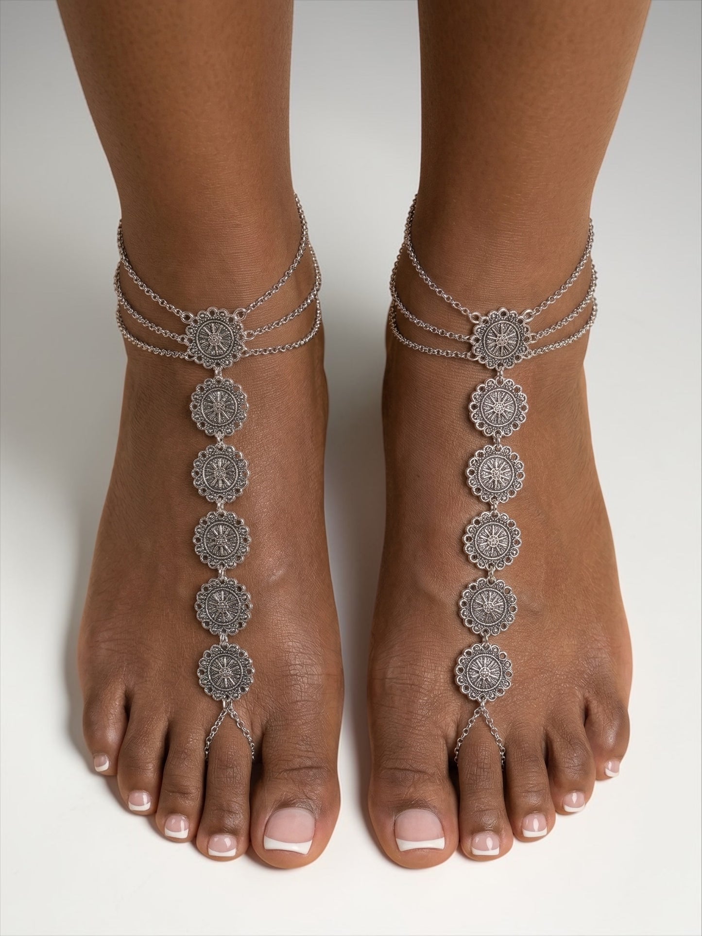 Boho Coin Barefoot Sandals (Pair) – Gold & Silver Adjustable Anklet Foot Jewellery for Beach & Bridal - Fatisha Boutique #