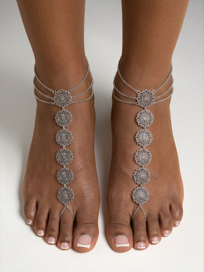 Boho Coin Barefoot Sandals (Pair) – Gold & Silver Adjustable Anklet Foot Jewellery for Beach & Bridal - Fatisha Boutique #