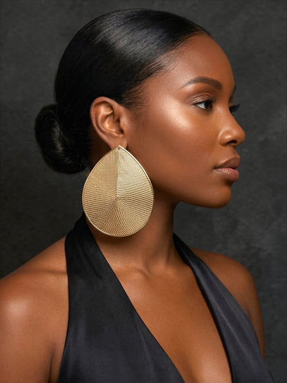 Oversized Gold Teardrop Statement Earrings – Textured Afrocentric Metal Jewellery - Fatisha Boutique #