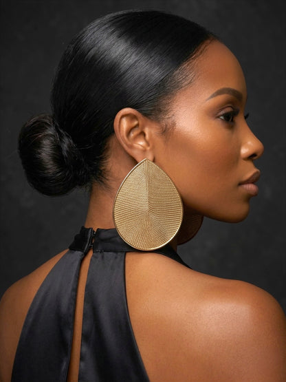 Oversized Gold Teardrop Statement Earrings – Textured Afrocentric Metal Jewellery - Fatisha Boutique #