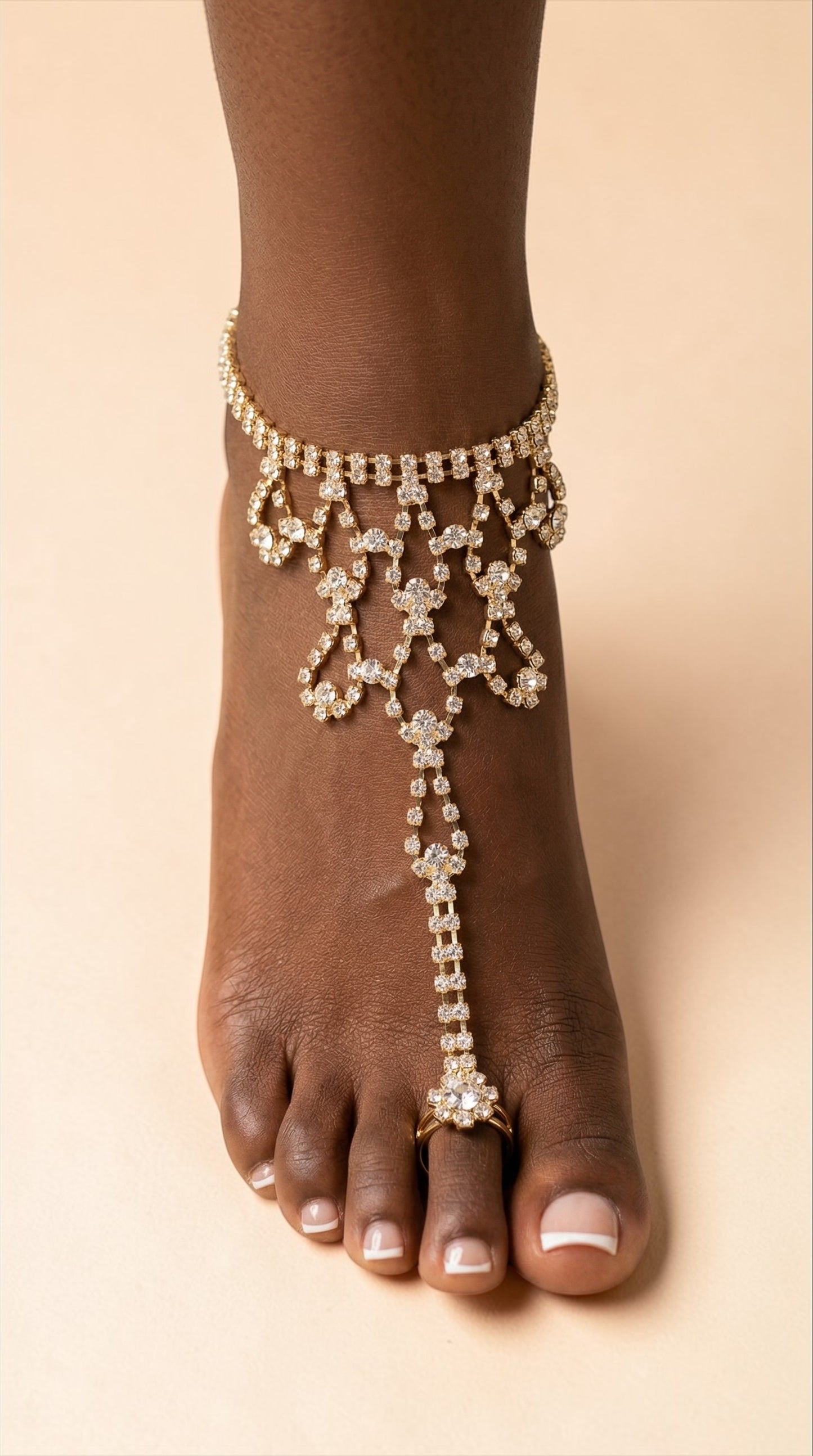 Luxury Crystal Barefoot Sandal (Single) – Gold & Silver Rhinestone Toe Anklet for Bridal & Evening Wear - Fatisha Boutique #