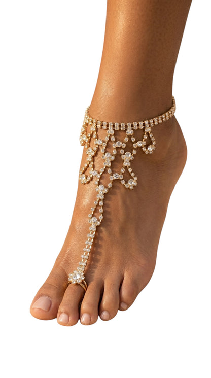 Luxury Crystal Barefoot Sandal (Single) – Gold & Silver Rhinestone Toe Anklet for Bridal & Evening Wear - Fatisha Boutique #
