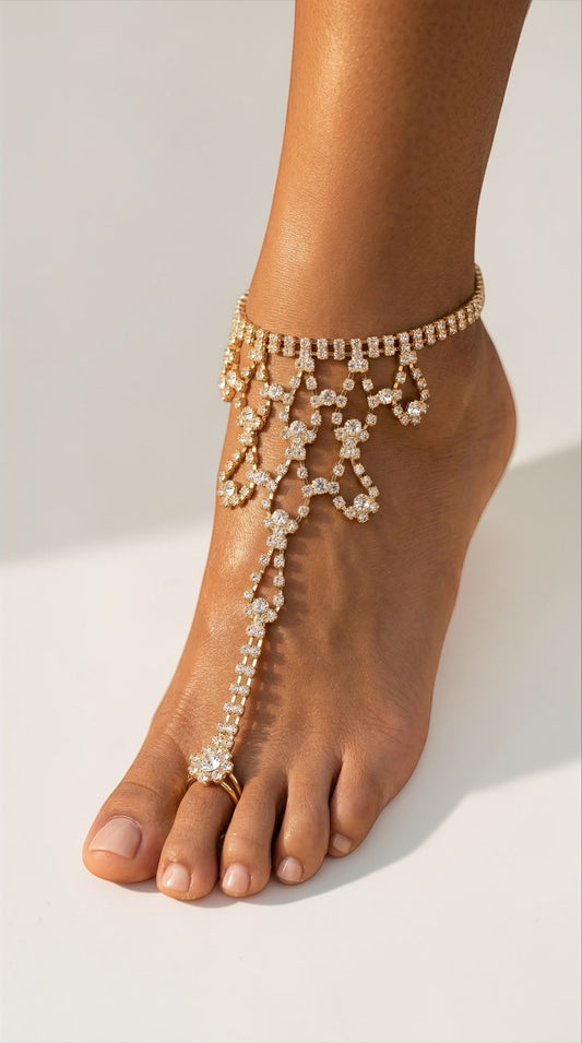 Luxury Crystal Barefoot Sandal (Single) – Gold & Silver Rhinestone Toe Anklet for Bridal & Evening Wear - Fatisha Boutique #