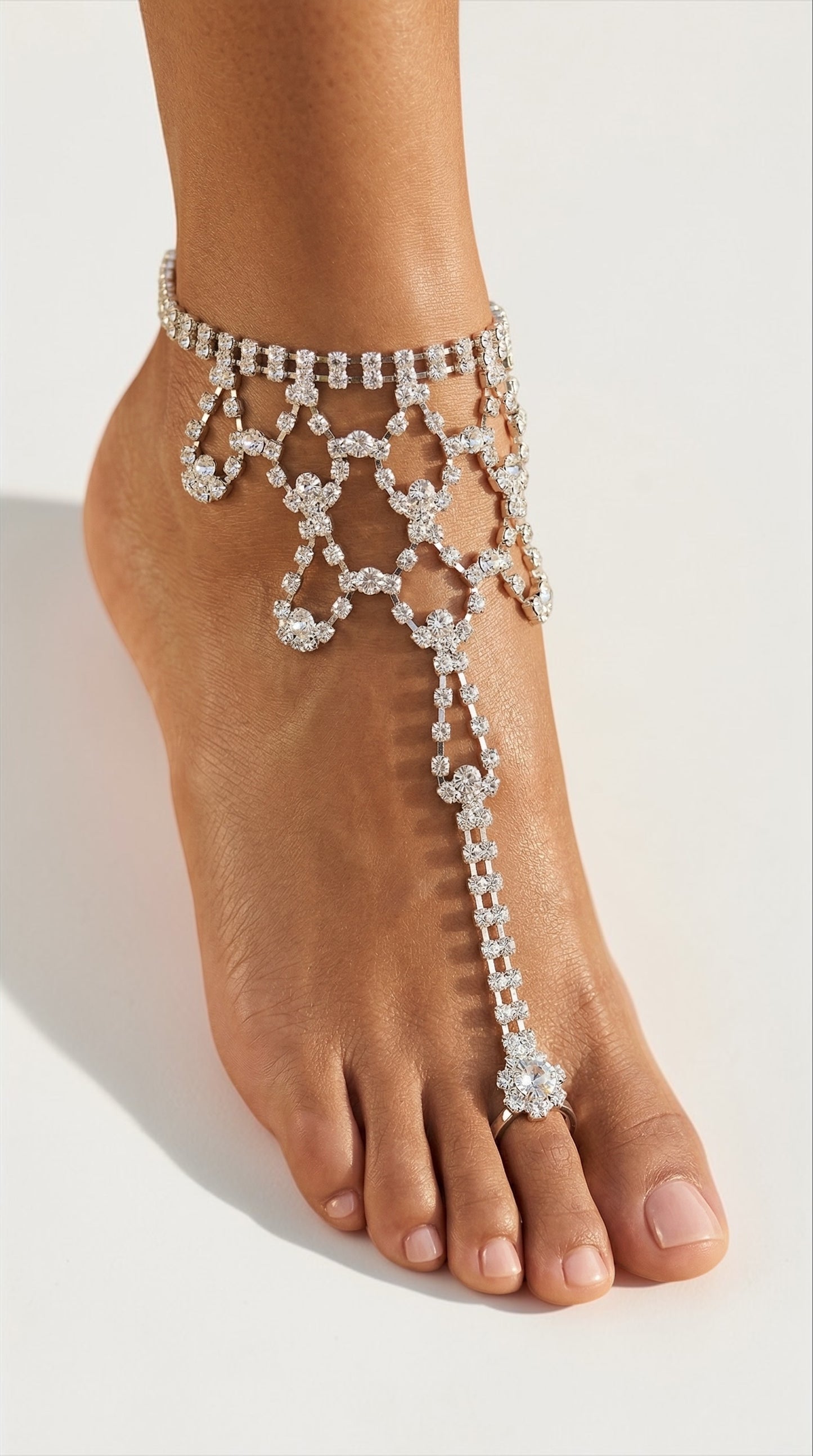 Luxury Crystal Barefoot Sandal (Single) – Gold & Silver Rhinestone Toe Anklet for Bridal & Evening Wear - Fatisha Boutique #
