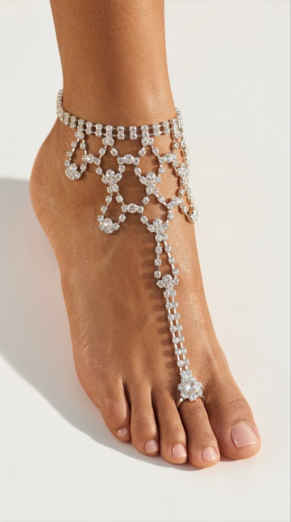 Luxury Crystal Barefoot Sandal (Single) – Gold & Silver Rhinestone Toe Anklet for Bridal & Evening Wear - Fatisha Boutique #