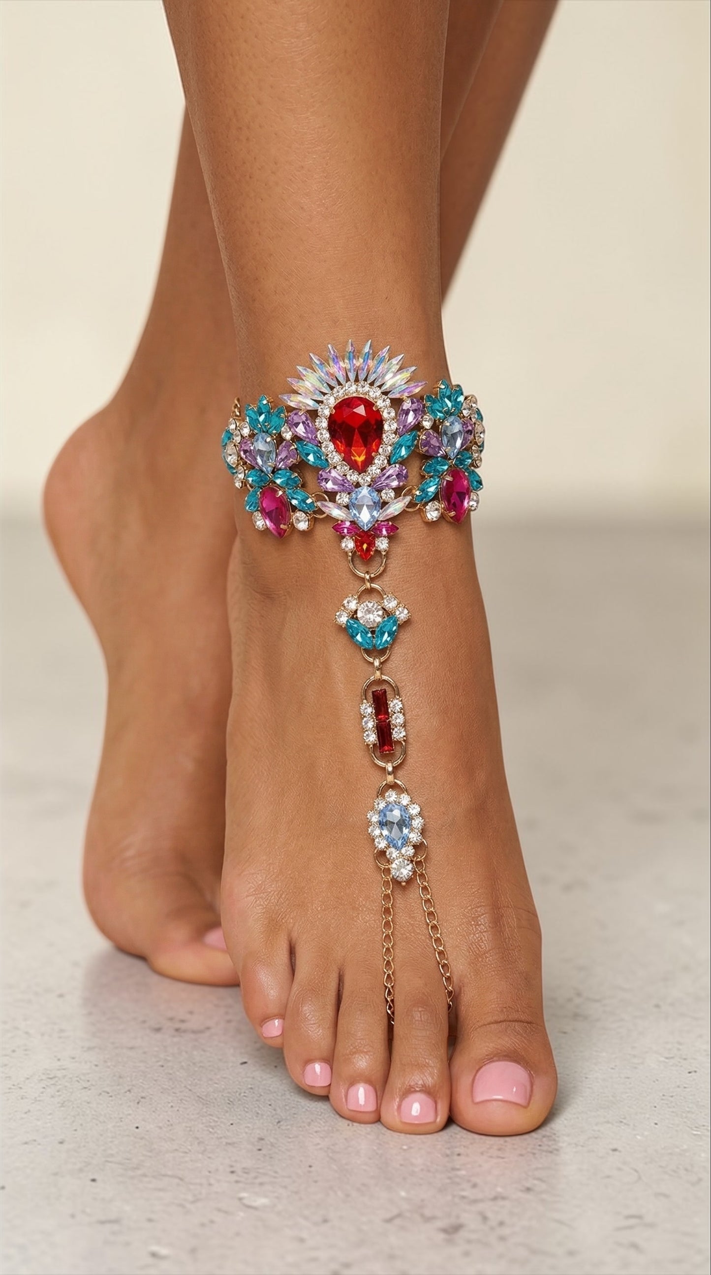 Multicolour Crystal Barefoot Sandal (Single) – Statement Gemstone Toe Anklet for Festival, Beach & Summer Style - Fatisha Boutique #