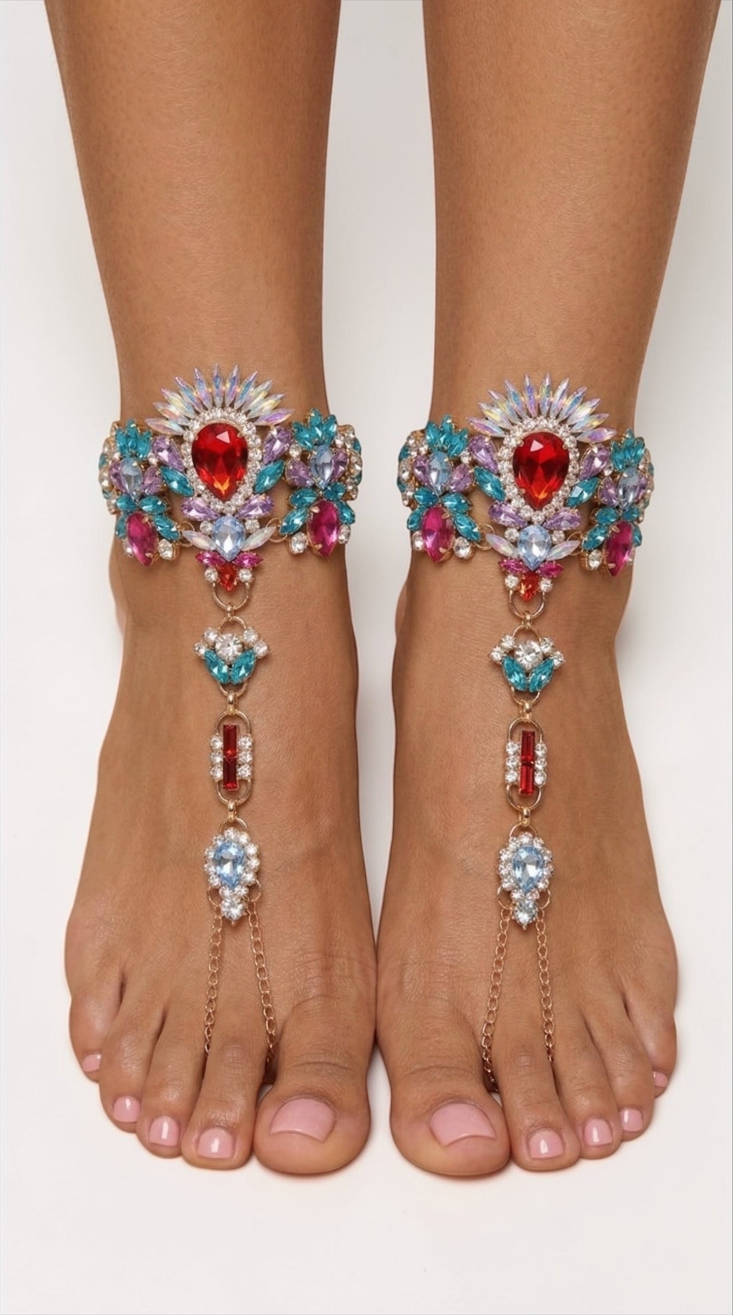 Multicolour Crystal Barefoot Sandal (Single) – Statement Gemstone Toe Anklet for Festival, Beach & Summer Style - Fatisha Boutique #