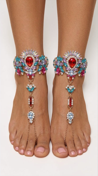 Multicolour Crystal Barefoot Sandal (Single) – Statement Gemstone Toe Anklet for Festival, Beach & Summer Style - Fatisha Boutique #