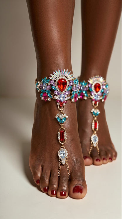 Multicolour Crystal Barefoot Sandal (Single) – Statement Gemstone Toe Anklet for Festival, Beach & Summer Style - Fatisha Boutique #