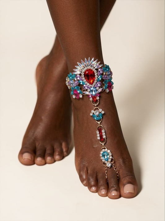 Multicolour Crystal Barefoot Sandal (Single) – Statement Gemstone Toe Anklet for Festival, Beach & Summer Style - Fatisha Boutique #