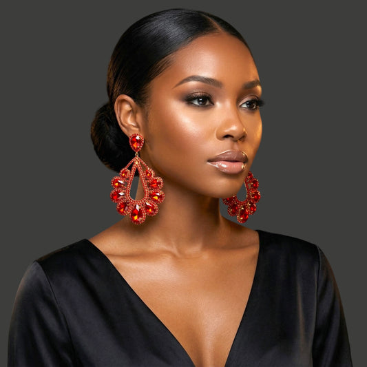 Red Rhinestone Statement Earrings – Gold & Silver Glam Drop Earrings for Prom & Wedding Guests - Fatisha Boutique #
