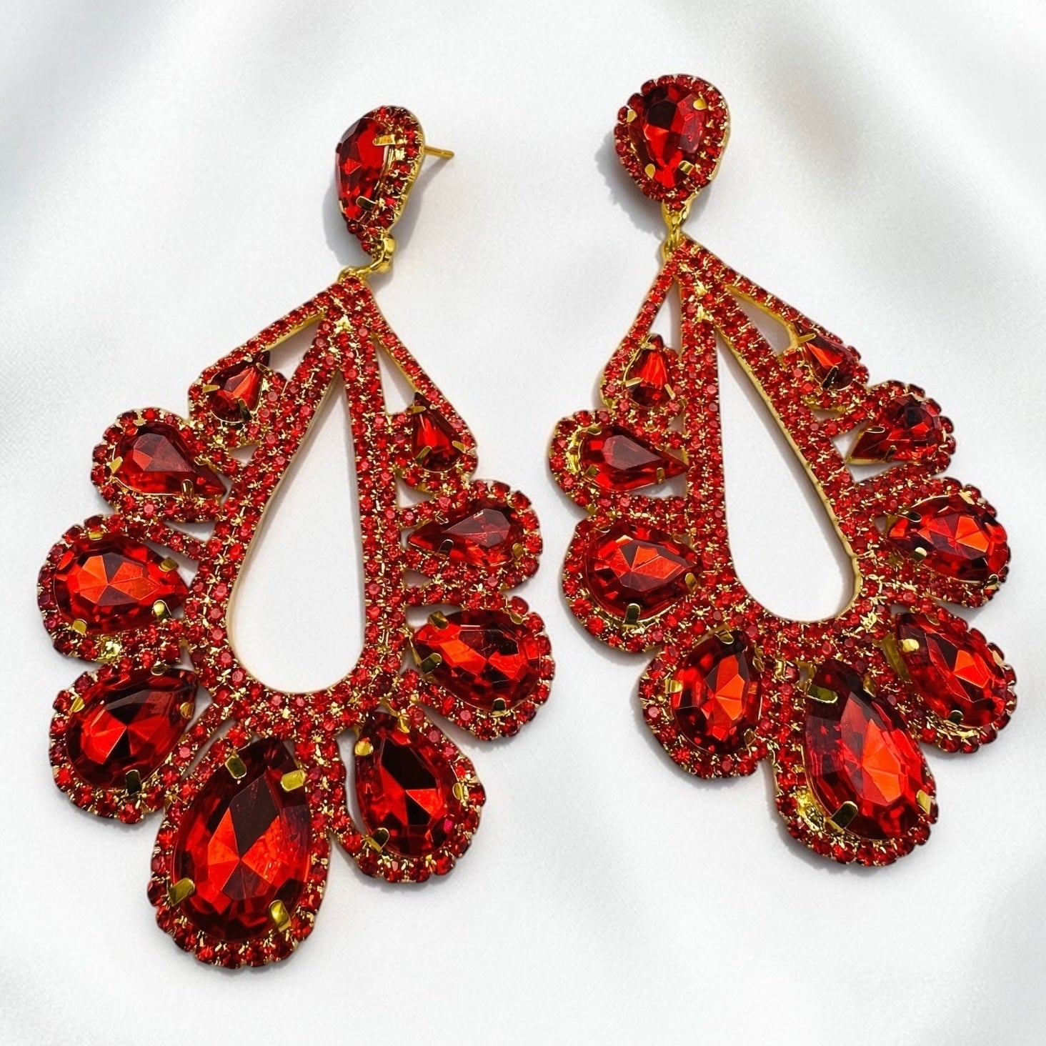 Red Rhinestone Statement Earrings – Gold & Silver Glam Drop Earrings for Prom & Wedding Guests - Fatisha Boutique #