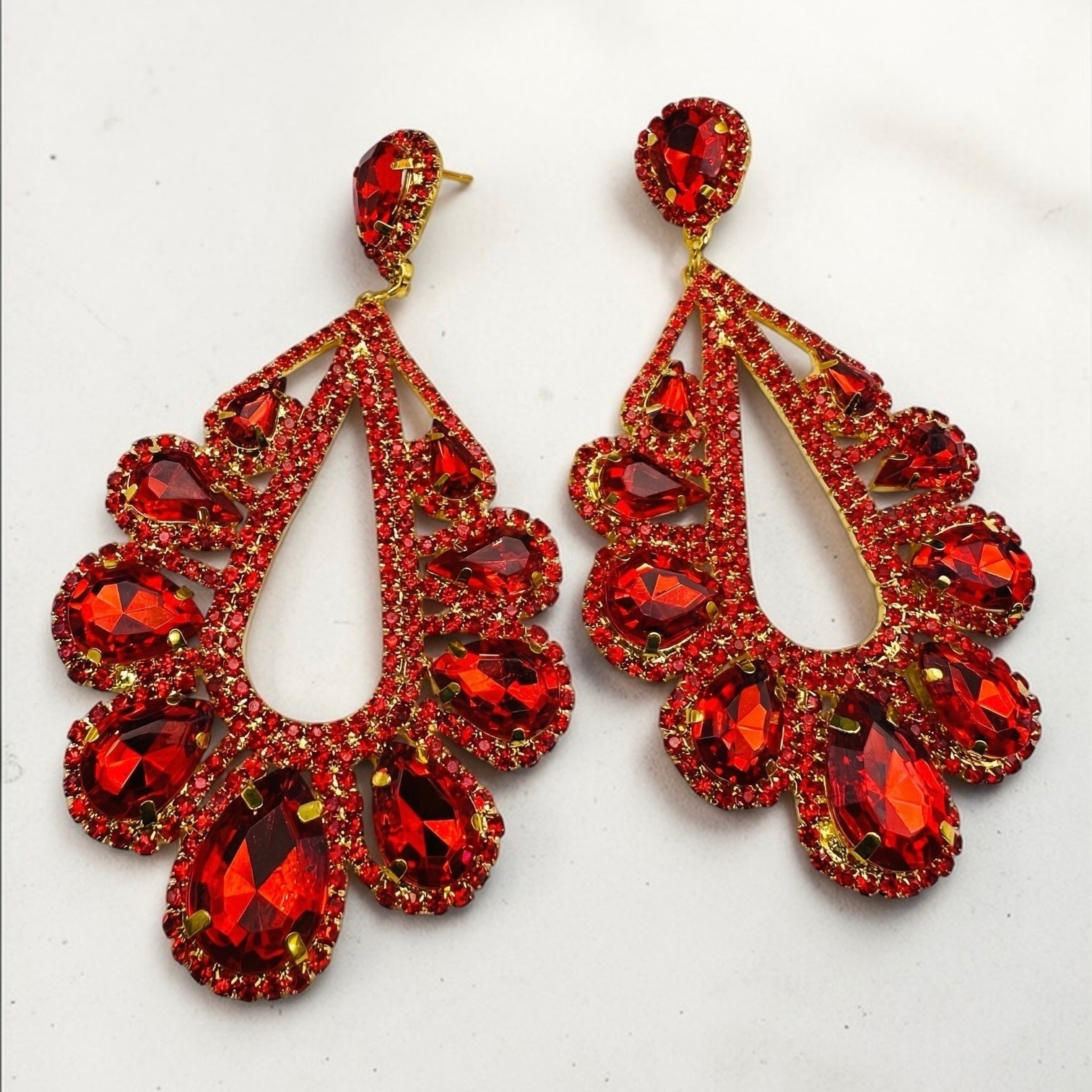 Red Rhinestone Statement Earrings – Gold & Silver Glam Drop Earrings for Prom & Wedding Guests - Fatisha Boutique #