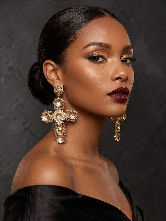 Baroque Cross Statement Earrings – Oversized Gold Vintage Drop Earrings - Fatisha Boutique #