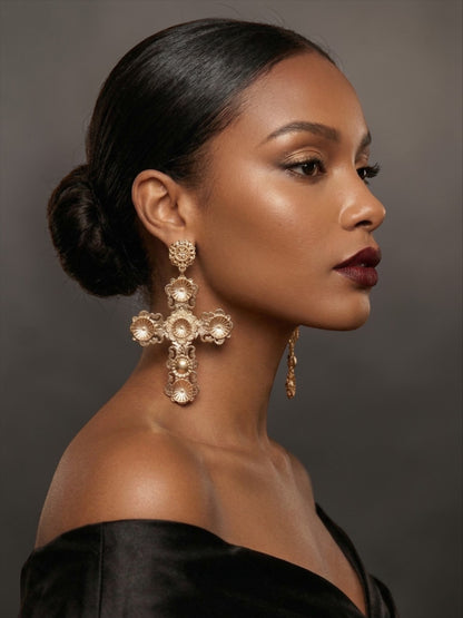 Baroque Cross Statement Earrings – Oversized Gold Vintage Drop Earrings - Fatisha Boutique #