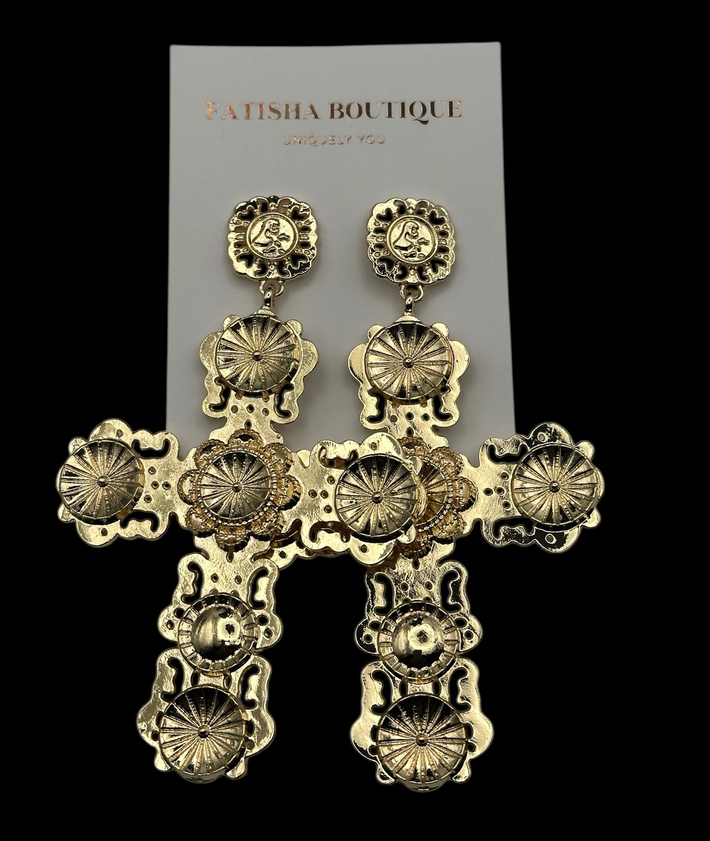 Baroque Cross Statement Earrings – Oversized Gold Vintage Drop Earrings - Fatisha Boutique #