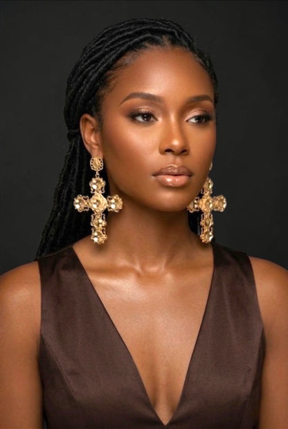 Luxury Baroque Cross Earrings – Oversized Gold Statement Designer Jewellery - Fatisha Boutique #