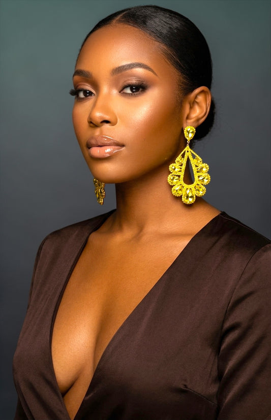 Yellow Crystal Teardrop Statement Earrings – Rhinestone Glam Drop Earrings for Wedding Guest, Prom & Birthday Gift for Her - Fatisha Boutique #