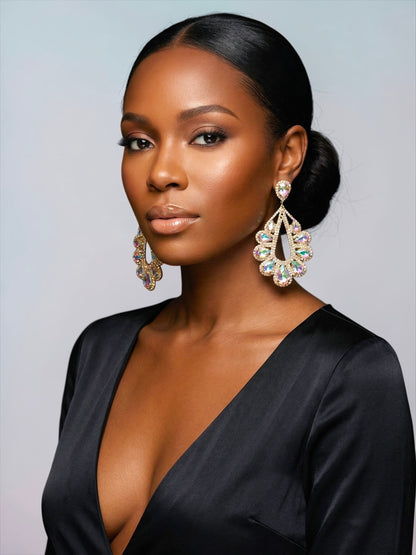 AB Crystal Teardrop Statement Earrings – Gold & Silver Rhinestone Glam Earrings for Wedding Guest, Prom & Gift for Her - Fatisha Boutique #