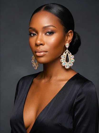 AB Crystal Teardrop Statement Earrings – Gold & Silver Rhinestone Glam Earrings for Wedding Guest, Prom & Gift for Her - Fatisha Boutique #