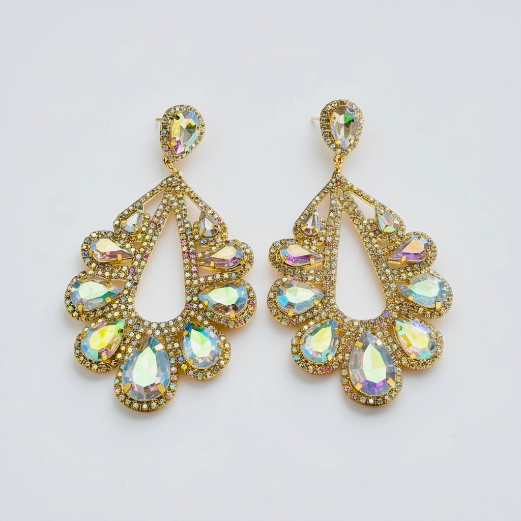 AB Crystal Teardrop Statement Earrings – Gold & Silver Rhinestone Glam Earrings for Wedding Guest, Prom & Gift for Her - Fatisha Boutique #