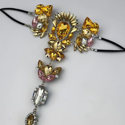 Crystal Barefoot Sandal – Bridal Beach Wedding Jewelry, Boho Chic Toe Anklet (Gold Amber Statement) - Fatisha Boutique #