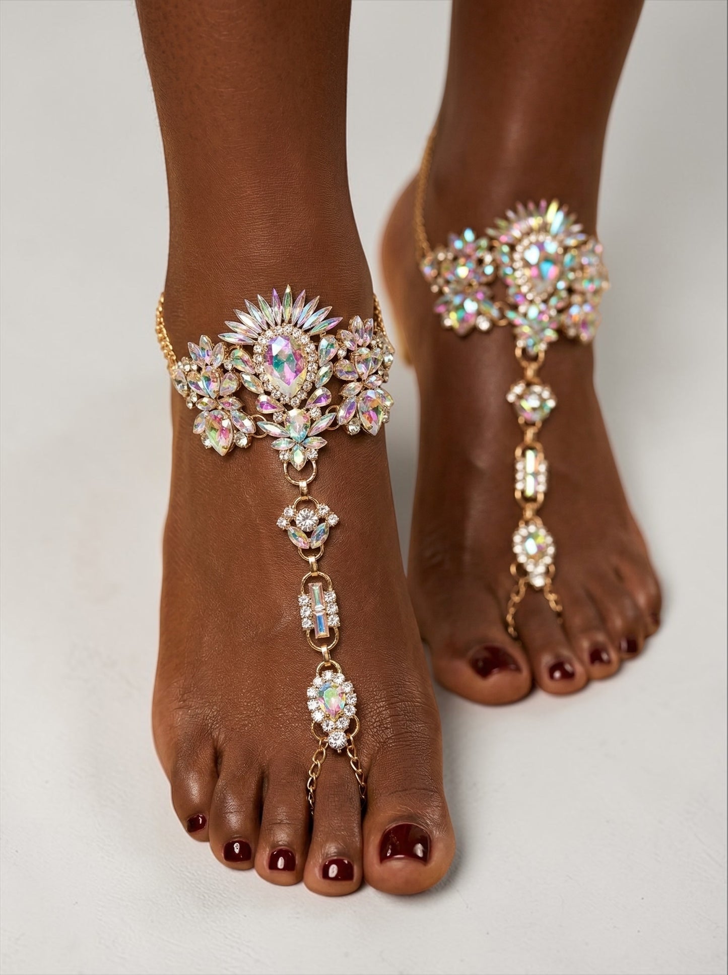 Crystal Barefoot Sandals – Bridal Beach Wedding Jewelry, Boho Chic Toe Anklet (Gold AB Finish) - Fatisha Boutique #