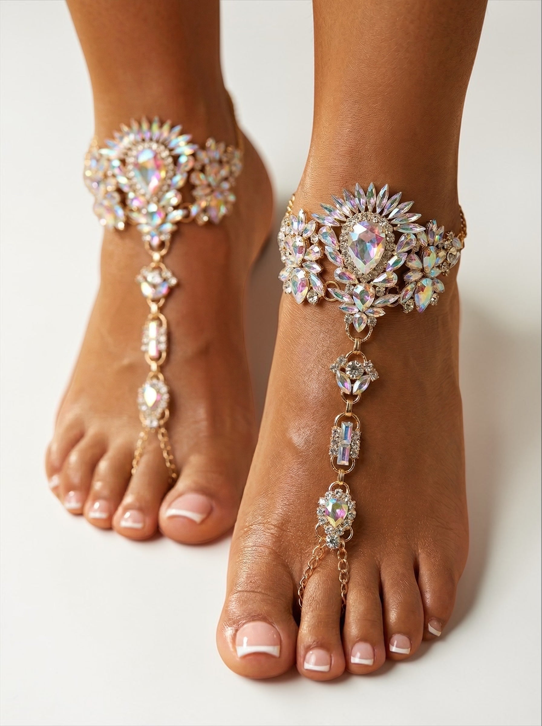 Crystal Barefoot Sandals – Bridal Beach Wedding Jewelry, Boho Chic Toe Anklet (Gold AB Finish) - Fatisha Boutique #