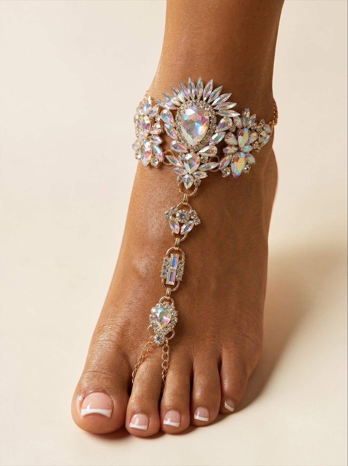 Crystal Barefoot Sandals – Bridal Beach Wedding Jewelry, Boho Chic Toe Anklet (Gold AB Finish) - Fatisha Boutique #