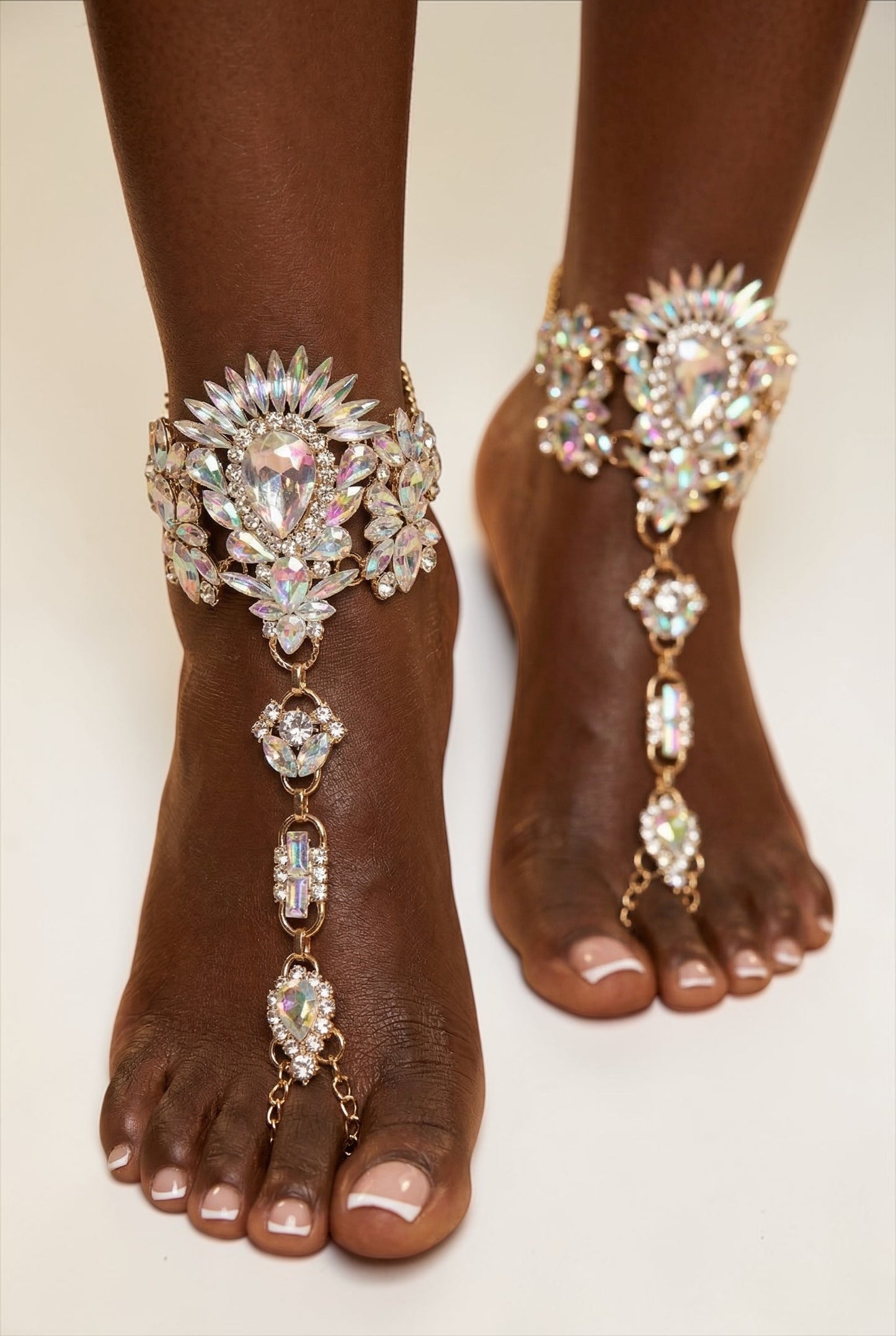 Crystal Barefoot Sandals – Bridal Beach Wedding Jewelry, Boho Chic Toe Anklet (Gold AB Finish) - Fatisha Boutique #