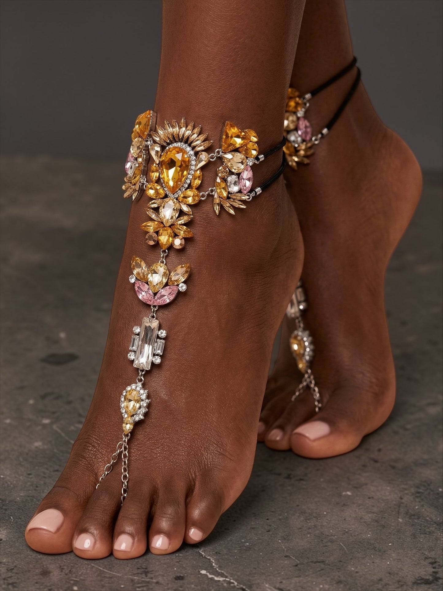 Crystal Barefoot Sandal – Bridal Beach Wedding Jewelry, Boho Chic Toe Anklet (Gold Amber Statement) - Fatisha Boutique #