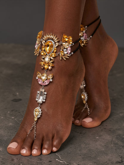 Crystal Barefoot Sandal – Bridal Beach Wedding Jewelry, Boho Chic Toe Anklet (Gold Amber Statement) - Fatisha Boutique #