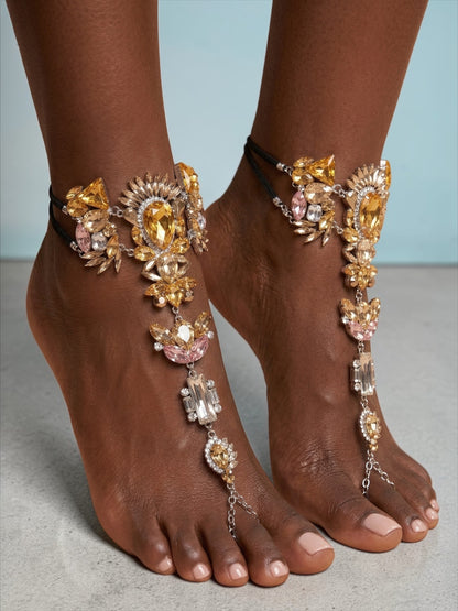 Crystal Barefoot Sandal – Bridal Beach Wedding Jewelry, Boho Chic Toe Anklet (Gold Amber Statement) - Fatisha Boutique #