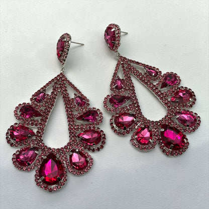 Pink Rhinestone Statement Earrings – Large Teardrop Glam Earrings in Gold & Silver | Wedding Guest, Prom & Gift for Her - Fatisha Boutique #