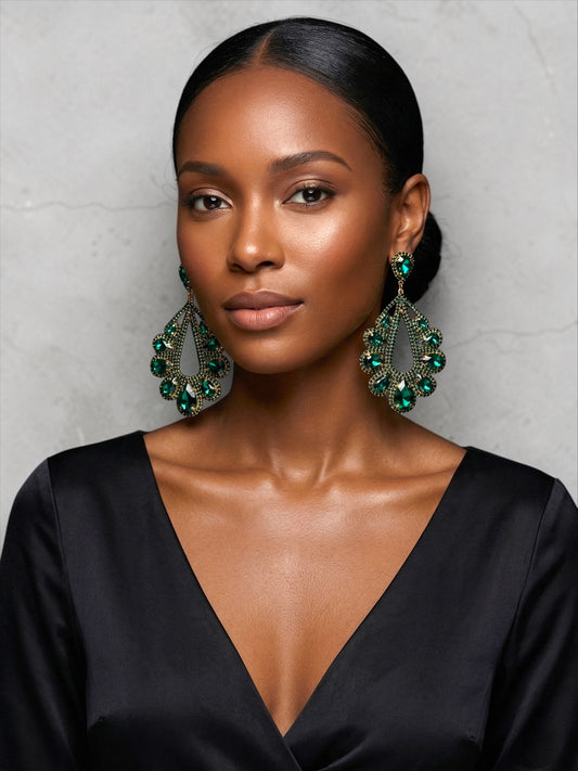 Emerald Green Statement Earrings – Gold Rhinestone Drop Earrings, Bridal Wedding Guest, Prom & Luxury Evening Jewellery - Fatisha Boutique #