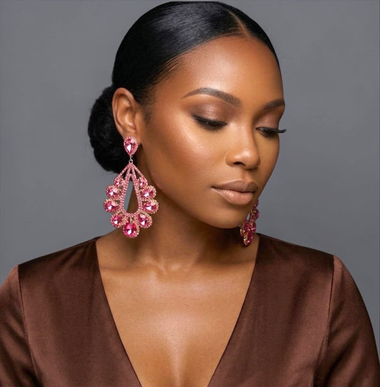Pink Rhinestone Statement Earrings – Large Teardrop Glam Earrings in Gold & Silver | Wedding Guest, Prom & Gift for Her - Fatisha Boutique #