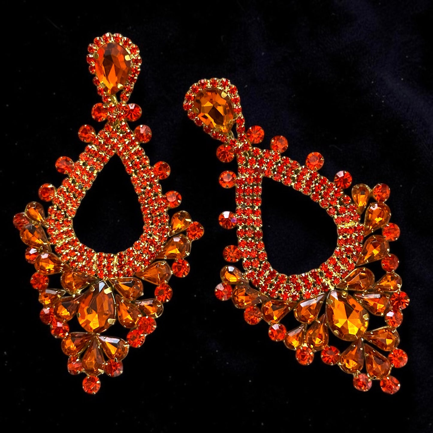 Orange Rhinestone Statement Earrings – Large Teardrop Drop Earrings in Gold & Silver | Bold Glam Wedding Guest & Party Earrings - Fatisha Boutique #