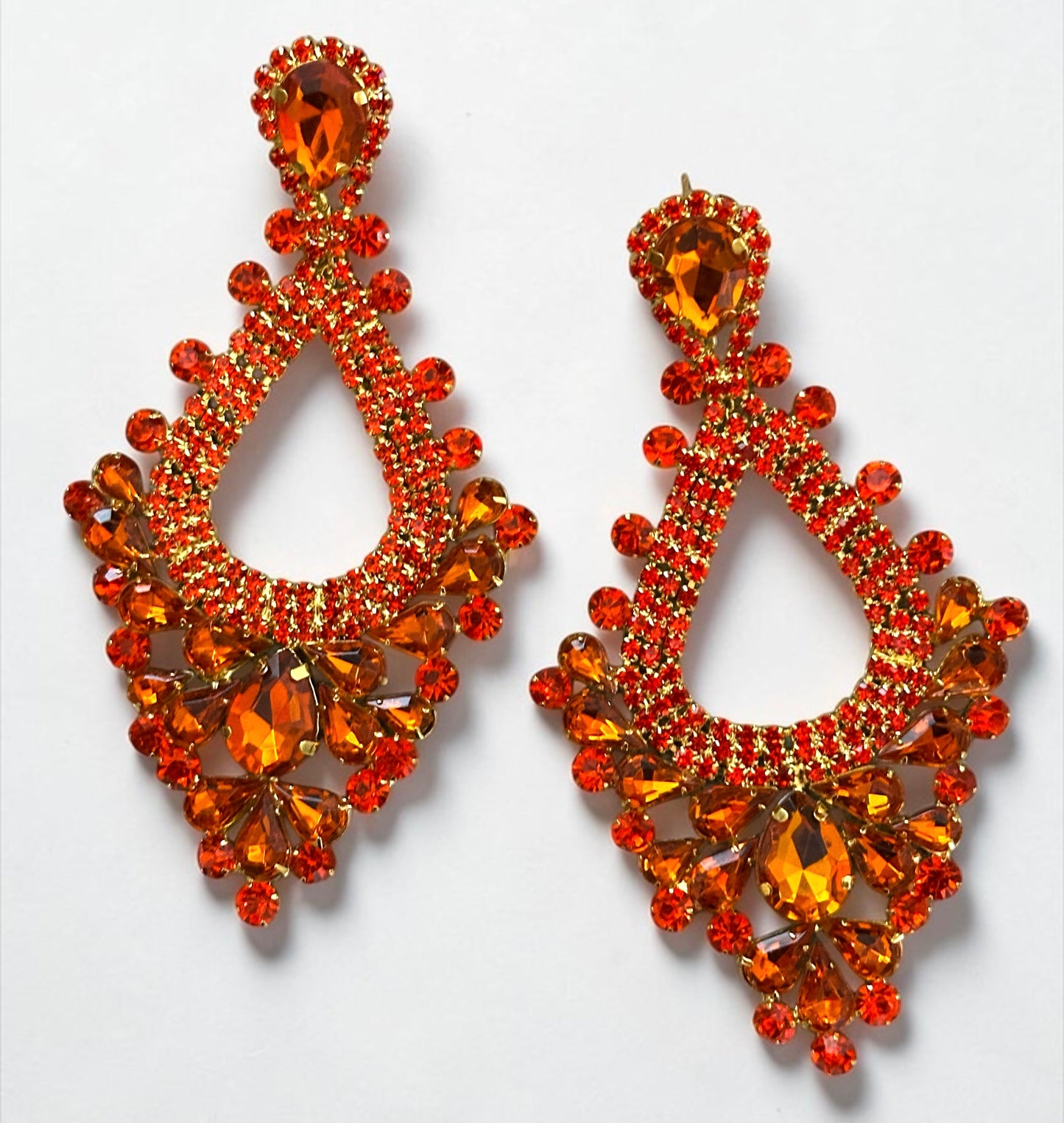 Orange Rhinestone Statement Earrings – Large Teardrop Drop Earrings in Gold & Silver | Bold Glam Wedding Guest & Party Earrings - Fatisha Boutique #