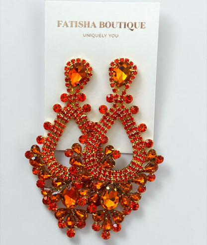 Orange Rhinestone Statement Earrings – Large Teardrop Drop Earrings in Gold & Silver | Bold Glam Wedding Guest & Party Earrings - Fatisha Boutique #